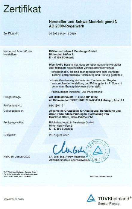 AD 2000 Zertifikat - TÜV Rheinland