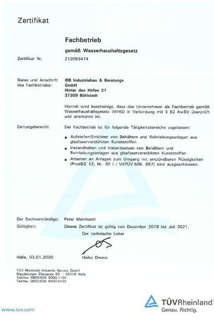 TÜV Rheinland - WHG Zertifikat